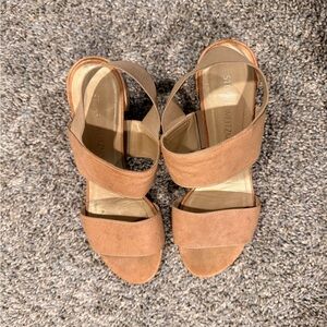 Stuart Weitzman Tan Suede Wide-Strap Slingback Sandals
